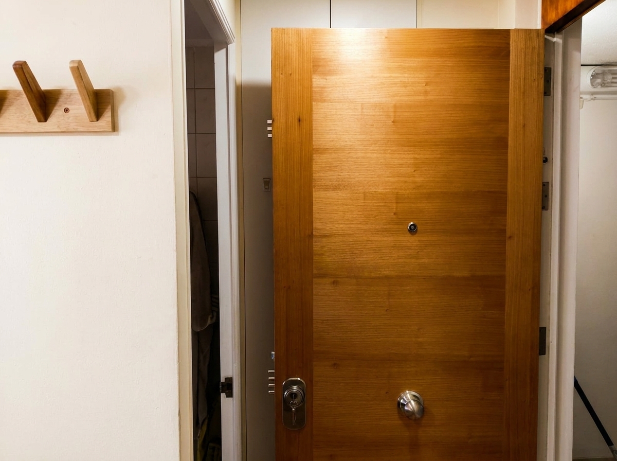 Puerta enchapada en madera a medida instalada en vivienda de Santiago